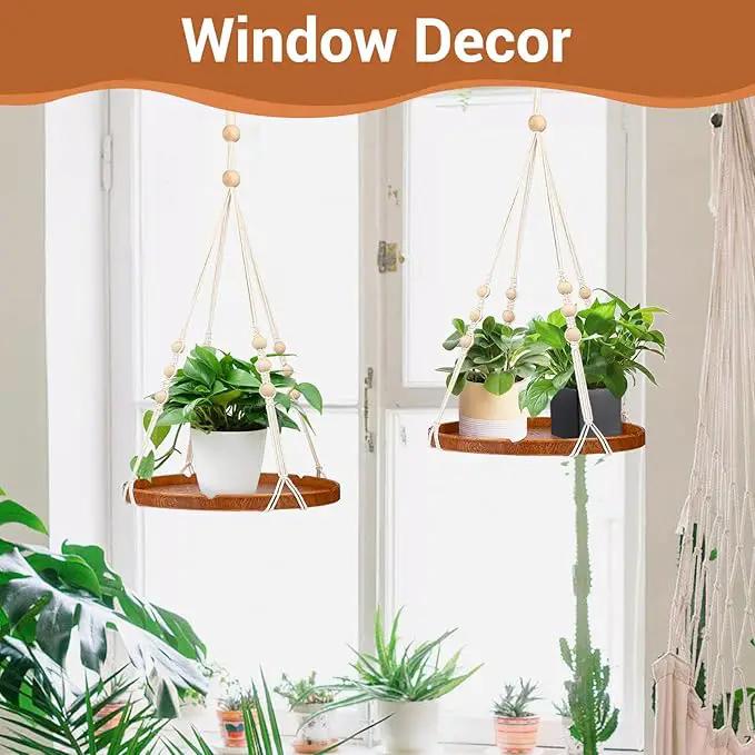 SUREAM 2 Packs Hanging Planters Holder, Hanging Plant shelf with Wood Beads and Wood Tray for Indoor Outdoor Boho Home Decor, Ceiling Plant Hangers for Garden, Wall, Porch, Patio, Balcony, and Window by GreenHaven Gardens