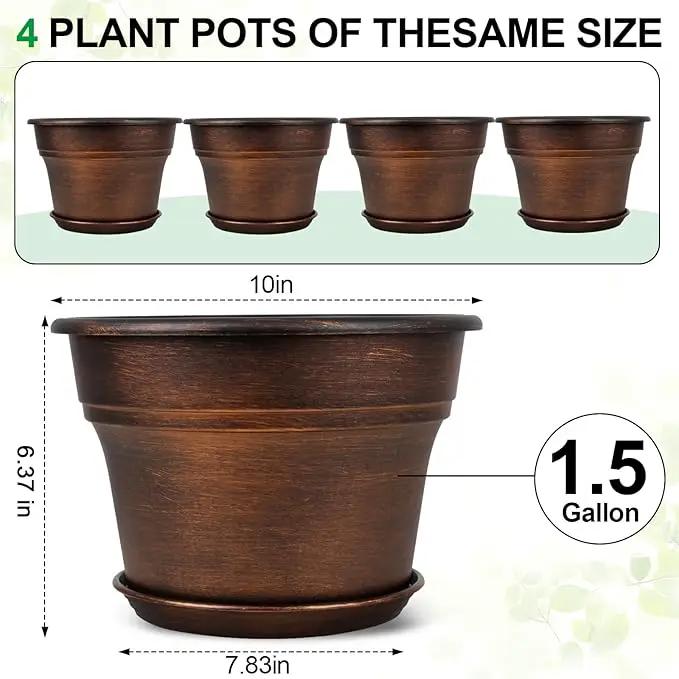 10 Inch Planters Plant Pots Indoor Outdoor, 4 Pack Plastic Flower Pot for Indoor Plants with Drainage Holes & Trays, Resin Decorative Container Sets with Saucer for House Garden Copper by GreenHaven Gardens