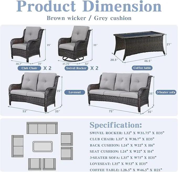 Outdoor Wicker Furniture Patio Set - 7 Piece Backyard Furniture Brown Rattan Conversation Sets with Swivel Rocker Chairs, Rattan Sofa, Club Chairs and Coffee Table, Grey Cushion by GreenHaven Gardens