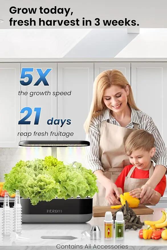 inbloom 12 Pods Hydroponics Growing System Kit, Herb Garden Planter Indoor Kit, Indoor Gardening Hydroponics Growing System with Pods, 4.2L Water Pump, Height Adjustable, Gifts for Woman, Black by GreenHaven Gardens