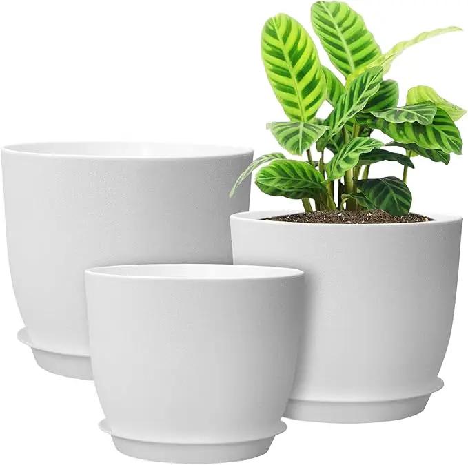 12/10/9 Large Modern Plant Pots, Plastic Planters with Drainage Holes and Saucers for Indoor Outdoor Plants Flowers, White by GreenHaven Gardens