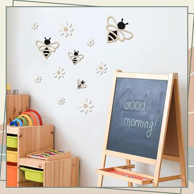12 Pieces Wooden Bee Decor Farmhouse Honey Bee Daisy Wall Art Hanging Floral Wall Sign for Nursery Indoor Outdoor Garden Yard Kitchen by GreenHaven Gardens