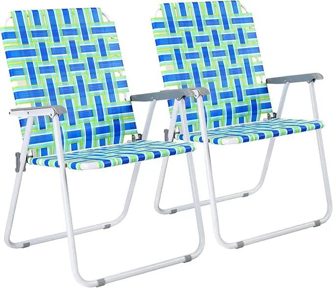 VINGLI Oversize Patio Lawn Webbed Folding Chairs Set of 2, Outdoor Beach Chair Portable Dining Chair for Outdoor Yard, Garden (Blue, Oversized) by GreenHaven Gardens