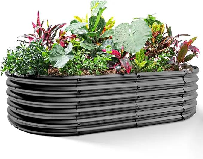Land Guard Galvanized Metal Raised Garden Bed Kit, 8x4x1.5ft Large Planter Boxes Outdoor, Oval Gardening Box, Patio Garden Planter Box for Vegetables (Grey) by GreenHaven Gardens