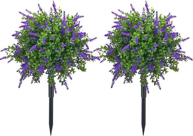 23.6" Artificial Lavender Topiary Ball Trees with Ground Spike, 2 Pack Faux Potted Plants with UV Resistant Purple Flowers for Indoor Outdoor Home Garden Patio Porch Decoration by GreenHaven Gardens
