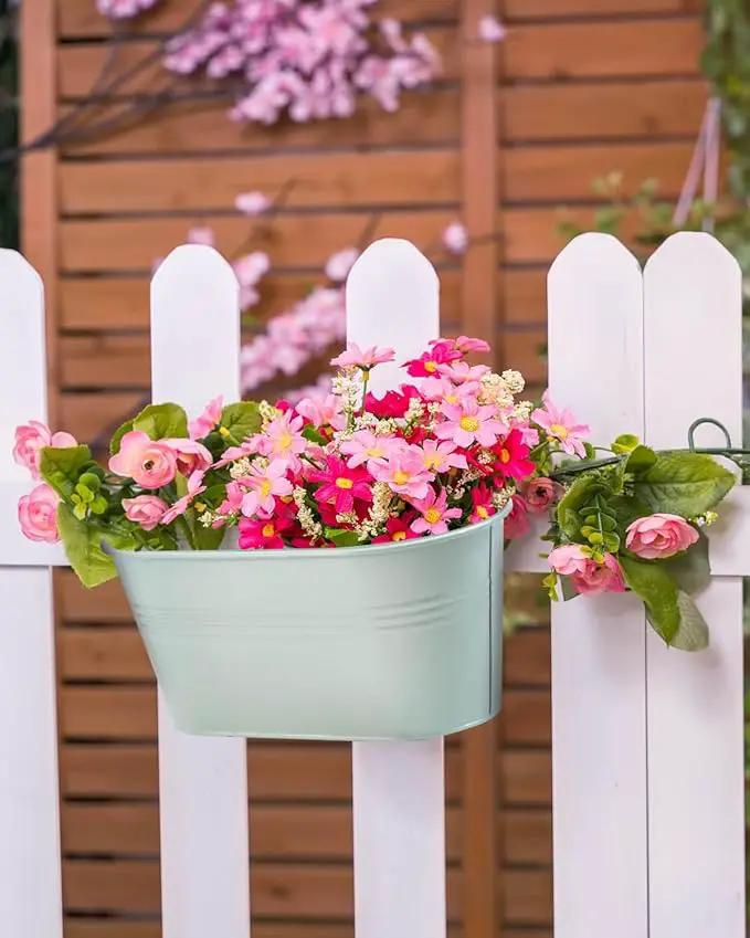 vensovo Metal Railing Planter for Outdoor Plants - 3 Pack Balcony Hanging Flower Pots with Detachable Hooks and Drain Holes Oval Bucket Rail Box Fence Planters for Home Garden Decor, Light Green by GreenHaven Gardens