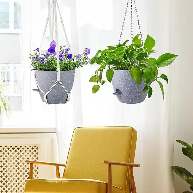 Self Watering Hanging Planters 10 inch, 2 Pack Hanging Flower Pots for Indoor Outdoor Plants, Hanging Baskets with Drainage Holes & 2 Kinds of Plant Hangers for Garden Decor, Speckled Grey by GreenHaven Gardens