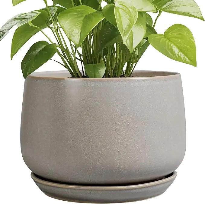 G EPGardening Ceramic Planter 9 Inch - Round Modern Plant Pots with Drainage and Plant Saucer Indoor Outdoor for Flower, Vanity Decor, House Gifts, Retro Grey by GreenHaven Gardens