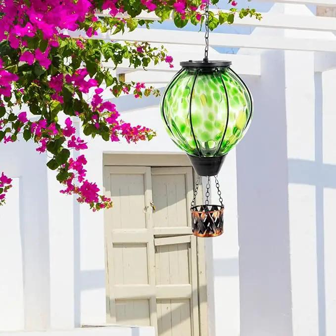 Solar Hot Air Balloon Lantern with Flame Flickering,Glass Hot Air Balloon Solar Lantern Outdoor Waterproof Hanging Outdoor Light for Patio Yard Garden Decor,Mother Day Gifts for Women(Green) by GreenHaven Gardens