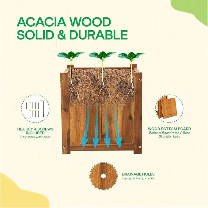 IDZO Acacia Wood Flower Planter Box for Outdoor Plants, 1pc Wooden Raised Garden Bed with Handles, Drainage Holes, Ideal for Garden and Home Décor, Light Cherry by GreenHaven Gardens