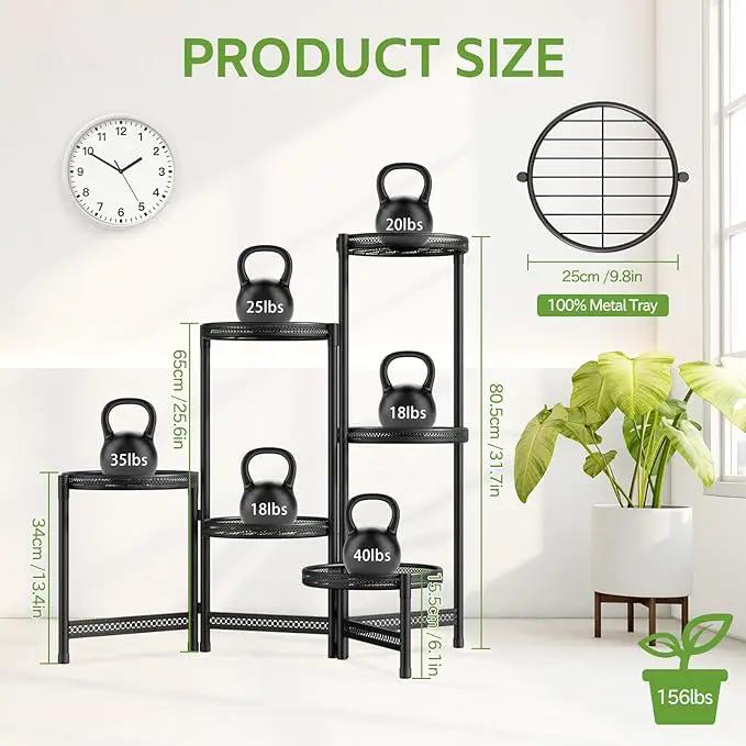 iDavosic.ly 6 Tier Large Plant Stand Indoor with 10-Inch Wide Drainage Tray, Tiered Corner Metal Outdoor Flower Display Holder Shelf, Folding Tall Rack for Patio Porch Balcony, Black Iron Carving by GreenHaven Gardens