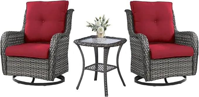 Outdoor Swivel Rocker Wicker Chairs Set of 3, High Back Swivel Patio Chairs Wicker Furniture Set, 2 PCS Rattan Swivel Rocking Chair with Side Table, Red Cushion by GreenHaven Gardens