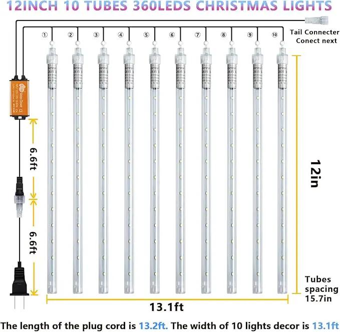 Orange Christmas Meteor Shower Rain Lights, 10 Tube 360 LED 12 Inch Outdoor String Lights, Falling Rain Raindrop Light for Halloween Tree Patio Garden Roof Eaves Decor Waterproof Plug by GreenHaven Gardens