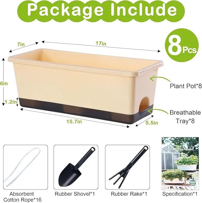 Window Box Planter 8 Pcs, 17 Inches Rectangle Flower Pots with Drainage Holes and Trays, Vegetable Planters for Windowsill Patio Garden Balcony Home Porch Yard Indoor Outdoor (Barley Yellow) by GreenHaven Gardens