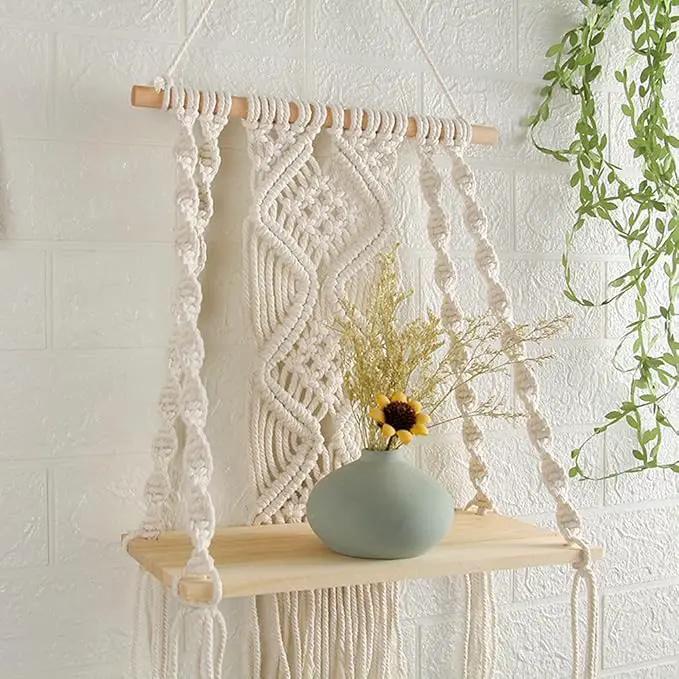 Mong Handmade Macrame Wall Hanging Shelf, Boho Indoor Rope Plant Pot Basket Hanger Holder, Rope Plant Hanger for Wall Decor Indoor Outdoor by GreenHaven Gardens