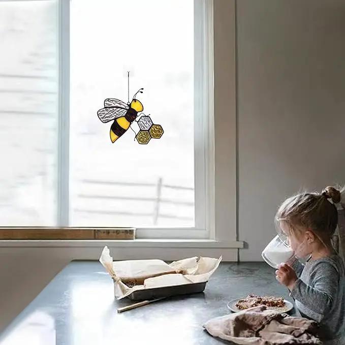 Bee On Honeycomb Stained Glass Window Hangings, Bee Suncatcher Garden Bee Decor Bee Gift for Mom Women by GreenHaven Gardens