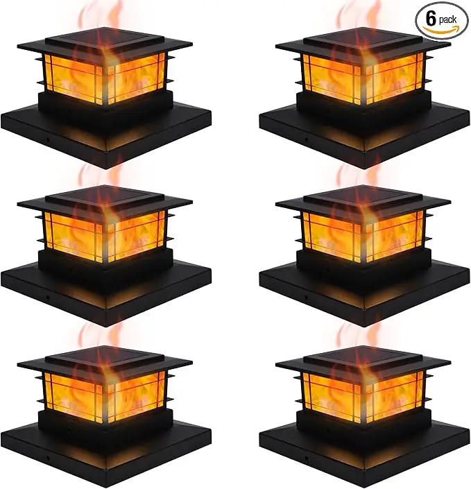Dynaming 6 Pack Solar Flame Post Lights Outdoor, Solar Powered Fence Post Cap Lights, High Brightness Flickering Flame SMD LED Lighting Decor for Garden Deck Patio, 4x4, 5x5 or 6x6 Vinyl/Wooden Posts by GreenHaven Gardens