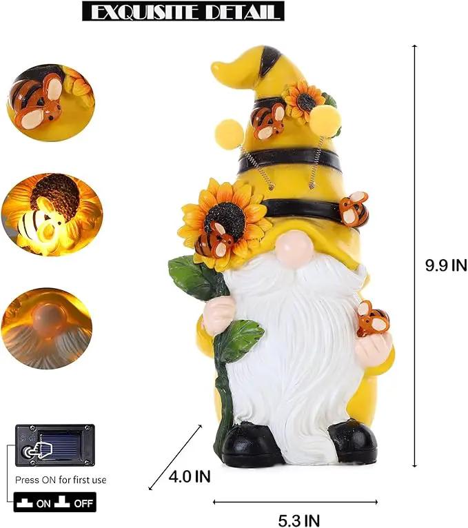 Garden Figurines Gnome Statue Decorations - Solar Resin Spring Bee Gnome Figurine Solar Garden Lights Outdoor Decorations Waterproof for Patio,Yard,Lawn, by GreenHaven Gardens