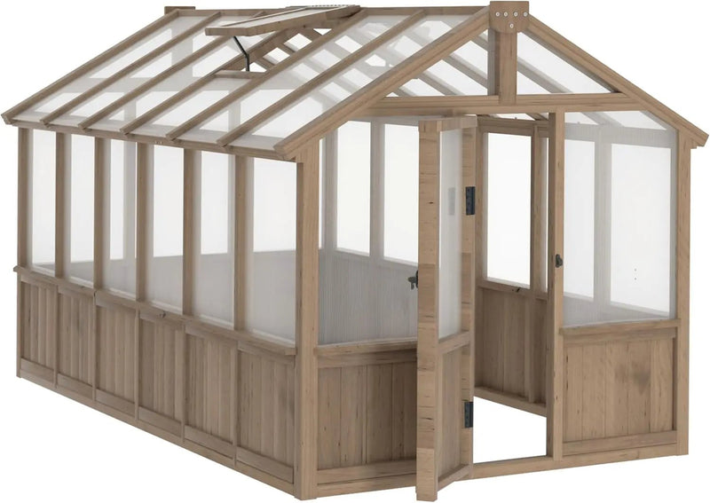 Mupater 6'x12' Wooden Polycarbonate Greenhouse,Outdoor with Ventilated Window and Lockable Door, Walk-in Greenhouse for Backyard, Patio, Lawn, Brown by GreenHaven Gardens