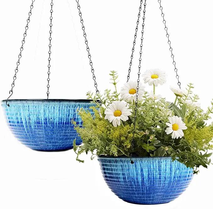 10in Hanging Planters for Indoor and Outdoor Plants, 2 Pack Hanging Planter with Drainage Hole, Round Hanging Flower Pots for Garden Home Decor (Blue Glaze) by GreenHaven Gardens