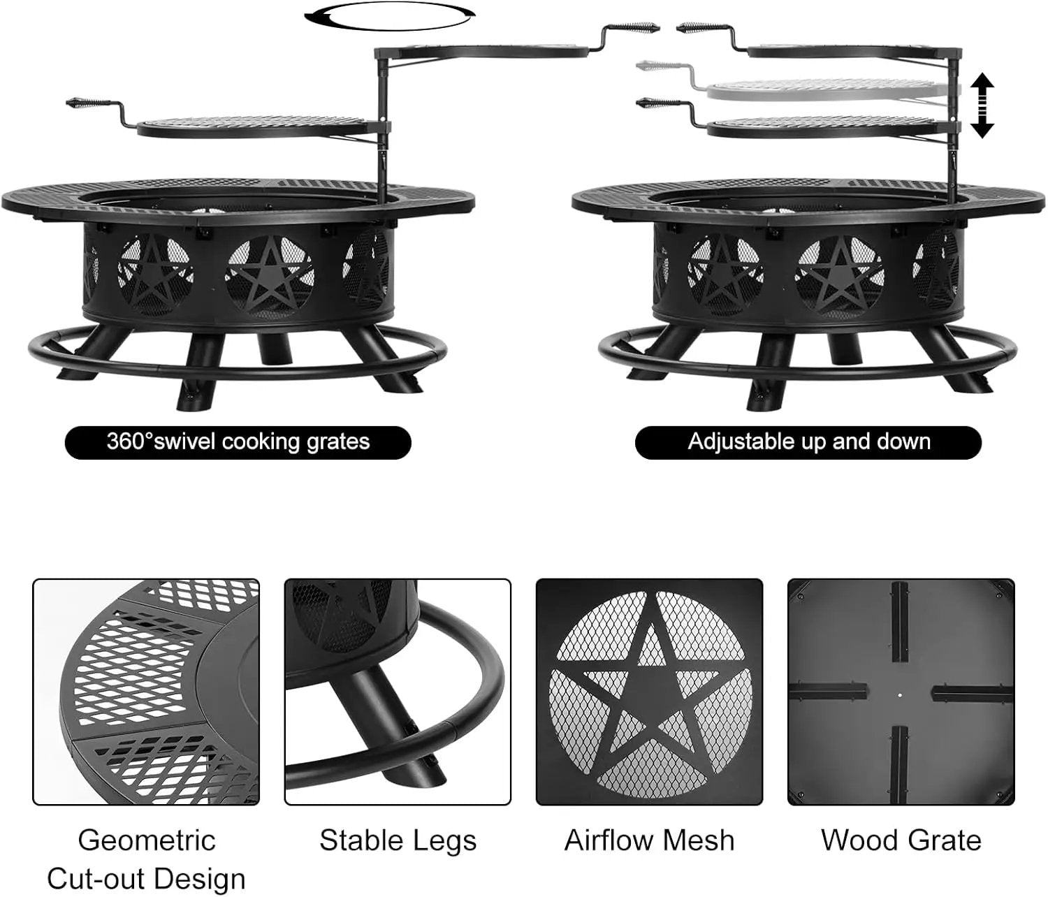 42 Inch Fire Pit with 2 Grills, Extra Large Wood Burning Fire Pits for Outside with Lid & Poker, Heavy Duty Firepit,BBQ& Outdoor Fire Pit & Round Metal Table 3 in 1 for Patio, Picnic, Party by GreenHaven Gardens