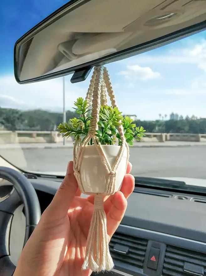 Mkono Mini Macrame Plant Car Accessories Rear View Mirrior Charm Cute Hanging Rearview Car Decor Boho Hanger with Artificial Succulent Plants Gifts for Plant Lover Set of 2, White by GreenHaven Gardens