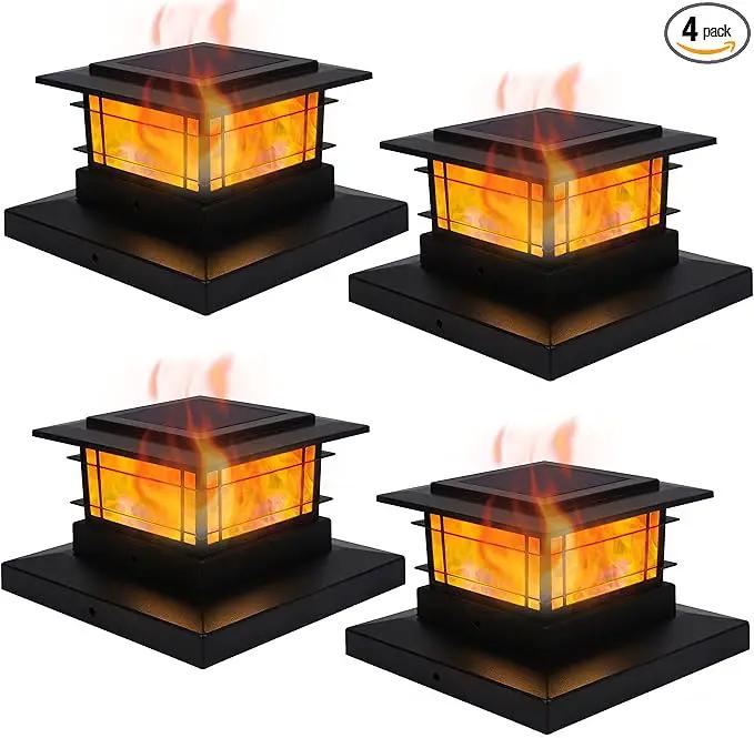 Dynaming 4 Pack Solar Flame Post Lights Outdoor, Solar Powered Fence Post Cap Lights, High Brightness Flickering Flame SMD LED Lighting Decor for Garden Deck Patio, 4x4, 5x5 or 6x6 Vinyl/Wooden Posts by GreenHaven Gardens