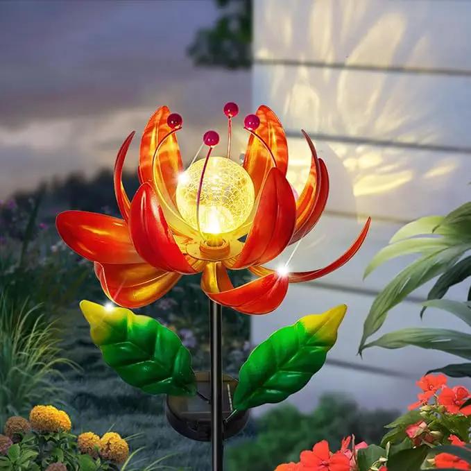 Solar Lights Outdoor Wind Spinners, Metal Lotus Flower Garden Decor with Waterproof LED Crackle Glass Globe for Patio Lawn Yard Outdoor Decor by GreenHaven Gardens