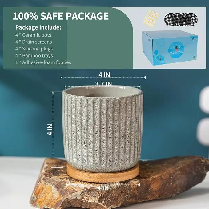 TAMAYKIM 4 Inch Cylinder Ceramic Plant Pots with Drainage Holes & Saucers, Glazed Green Grey Small Boho Planters with Trays for Indoor Flower, Snake Plants, Succulent, Cactus, Set of 4 by GreenHaven Gardens