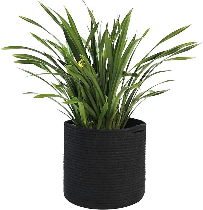 Cotton Rope Plant Basket, Woven Basket Planter for 11 inch Pot, Round Indoor Tree Pot Cover, Storage Bin Organizer, Modern Basket for Plants and Home Decor, 12.5”X12.5”, Black by GreenHaven Gardens