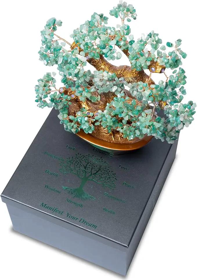 Natural Aventurine (1,251 Gemstone Count) Chakra Crystal Tree with Healing Properties - Home & Office Bonsai Feng Shui Money Tree Decoration for Luck, Success and Intelligence - 14" by GreenHaven Gardens