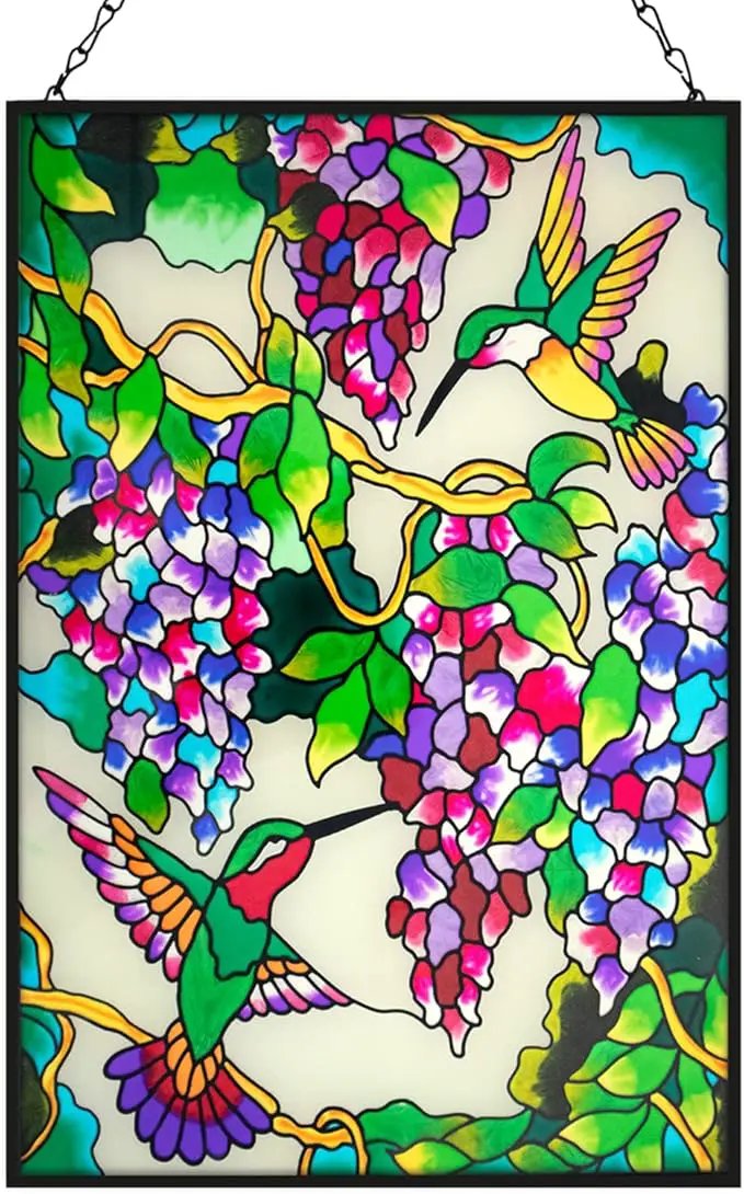 VEWOGARDEN Hummingbird Stained Glass Window Hangings 10" W x 15" H Bird Suncatcher Panel with Chain Windows Hanging Decor Ornament Gift by GreenHaven Gardens