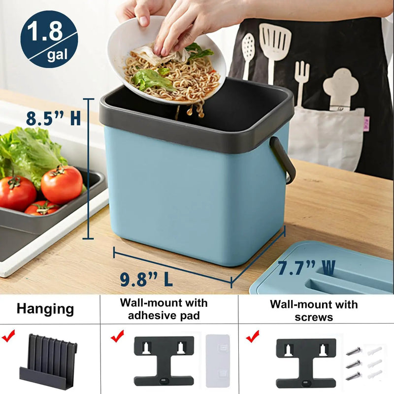 Compost Bin Kitchen, LALASTAR 7L Wall-Mounted Under Sink Small Garbage Can for Kitchen, Odor-Free Food Waste Basket Bin, 1.8 Gallons, Blue by GreenHaven Gardens