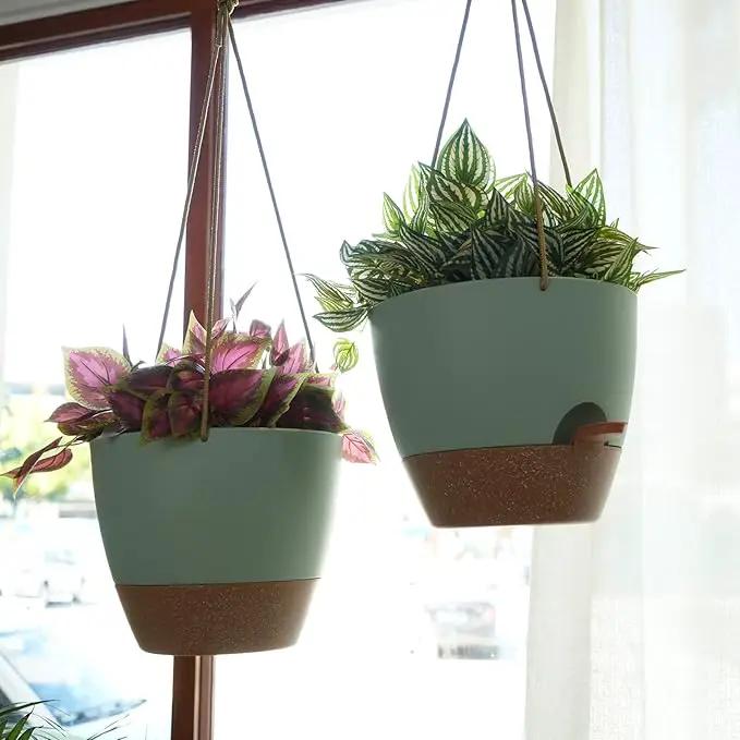 8 inch Hanging Planters, 2 Pack Self Watering Hanging Pots with 20oZ Deep Reservoir for Indoor Outdoor Plants Flowers, Green with Brown by GreenHaven Gardens