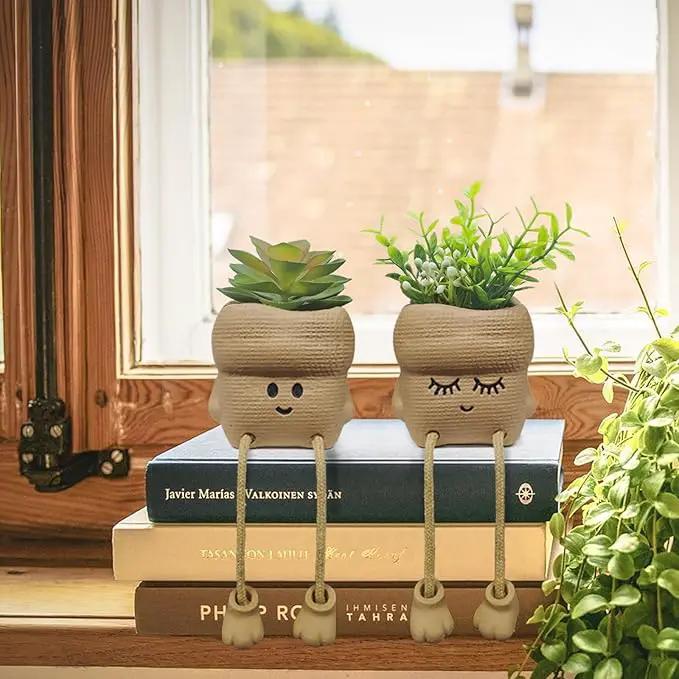2Pcs Smiley Face Succulent Artificial Plants Planters - Cute Plant Pot Home Decor, Small Faux Plants Planter Indoor for Bathroom/Office/Kitchen Window Sill Decor, Fake Plant Ideas Gifts for Women by GreenHaven Gardens