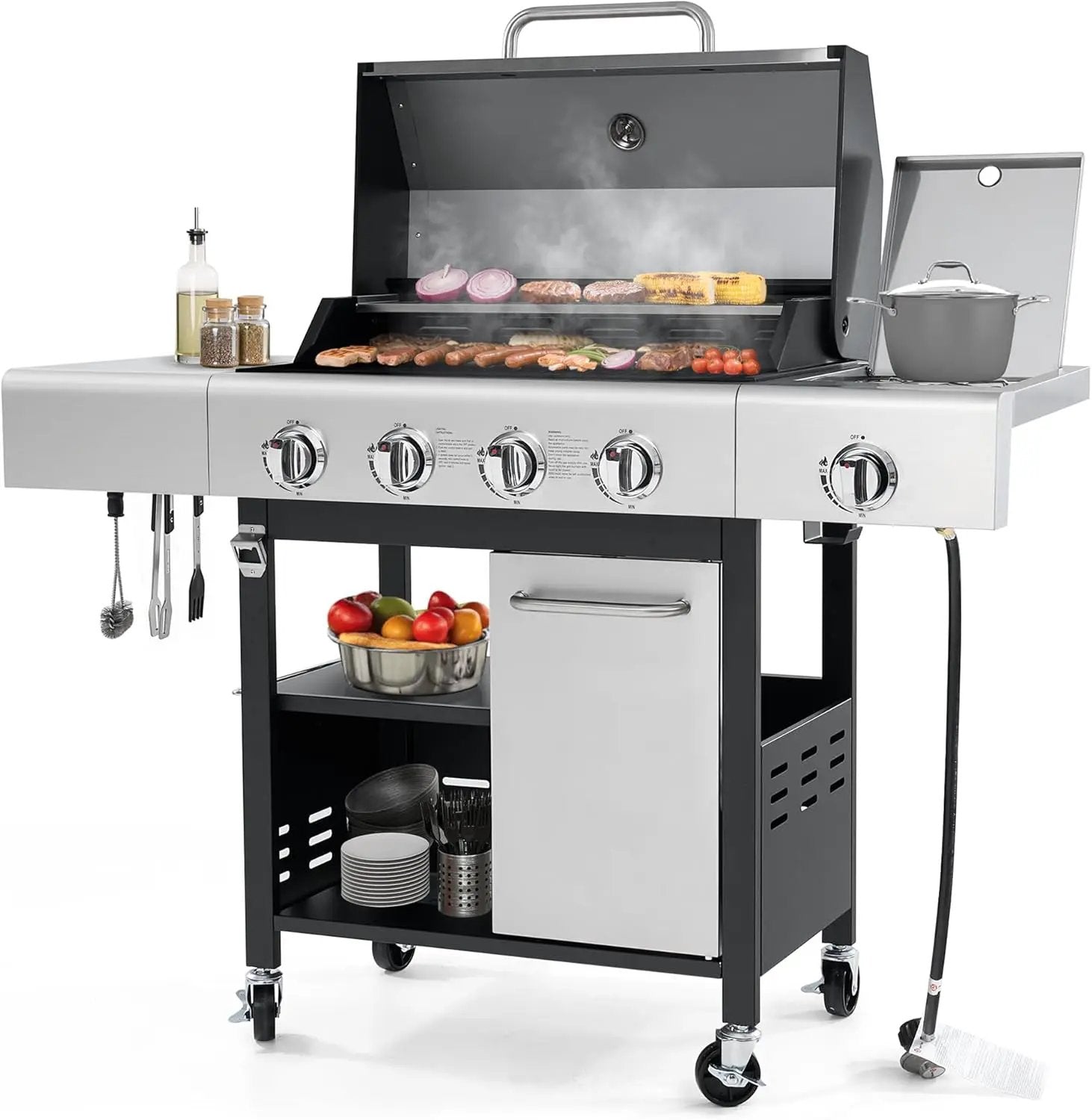 4-Burner Propane Gas Grill with Side Burner & Cabinet, 50,000 BTU Outdoor BBQ Grill with Porcelain-Enameled Cast Iron Grates, Stainless Steel Barbecue Grill for Outdoor Cooking (Silver) by GreenHaven Gardens