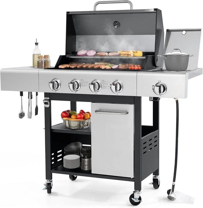 4-Burner Propane Gas Grill with Side Burner & Cabinet, 50,000 BTU Outdoor BBQ Grill with Porcelain-Enameled Cast Iron Grates, Stainless Steel Barbecue Grill for Outdoor Cooking (Silver) by GreenHaven Gardens