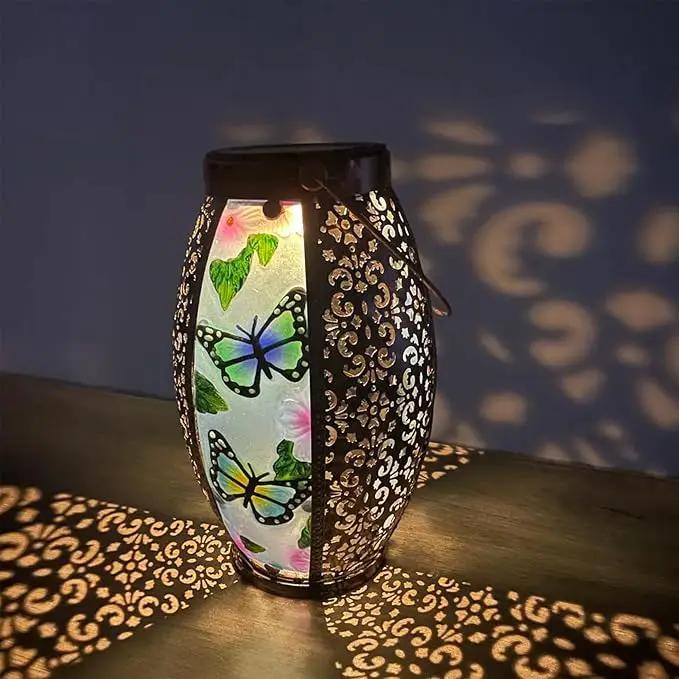 Butterfly Solar Lanterns Glass & Metal Hanging Lantern Outdoor Waterproof 16" H Tabletop Light with Hollowed-Out Design for Garden Patio Table Decor Mother's Day Gift by GreenHaven Gardens