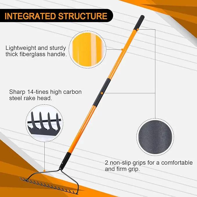 Garden Rake for Gardening, Heavy Duty Garden Rake for Lawns, 14 Tines Bow Rake with Fiberglass Handle, 58 Inches by GreenHaven Gardens