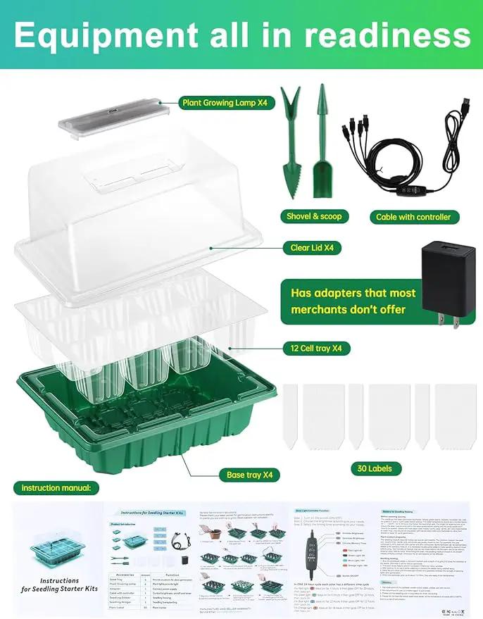 4 Packs Medium Seed Starter Tray, Adjustable Brightness and Timer, Upgraded 24 Full Spectrum LEDs, Seed Starter Kit with Drainage Holes, Tools and Labels for Indoor Plant Growing by GreenHaven Gardens
