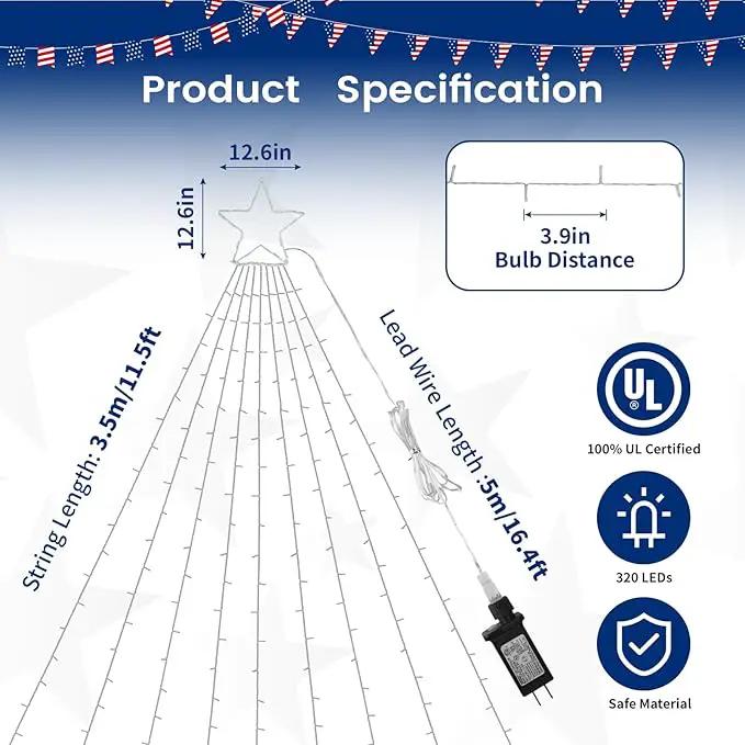 4th of July Decorations Lights, Red White Blue String Lights 320 LED 11.5 Ft Flag Stars Patriotic Light with Big Star Topper Waterproof 8 Light Modes for Indoor Outdoor Memorial Day Independence Day by GreenHaven Gardens