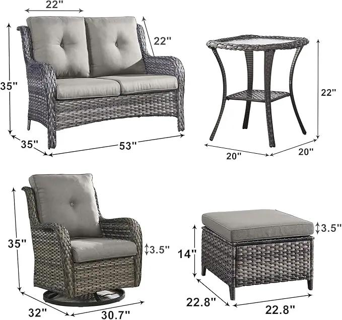 Outdoor Wicker Patio Furniture Set - 6 Piece Rattan Patio Conversation Set with 2 Rocking Swivel Chairs,2 Ottomans,1 Loveseat and 1 Side Table for Porch Deck Backyard Garden(Mixed Grey/Grey) by GreenHaven Gardens