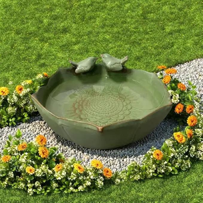 Bird Bath for Outside on Ground, 10 in Ceramic Birds Bath Bowl, Handmade Ground Bird Feeders and birdbath for Outdoors for Outdoors, Garden, Tabletop, Balcony and Lawn (Big - shallow) by GreenHaven Gardens