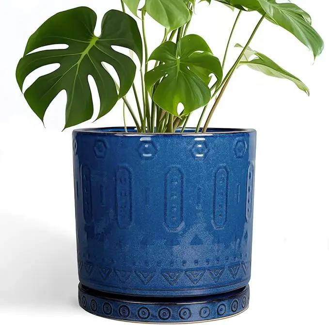 10 Inch Plant Pot - Ceramic Planter Outdoor Plant Pot Indoor with Drainage Holes and Saucer Large Flower Pot Round Decorative Planter for Garden Patio Decor Blue by GreenHaven Gardens
