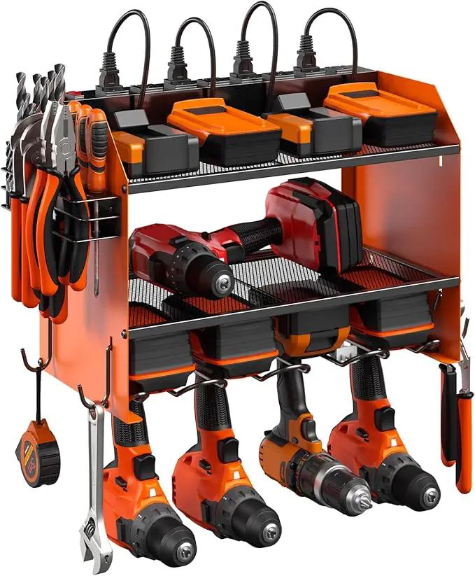 CCCEI Set Power Tool Organizer Wall Mount with Charging Station. Garage 4 Drill Storage Shelf with Hooks, Heavy Duty Metal Tool Battery Charger Organizer. Shop Utility Rack with Power Strip Orange. by GreenHaven Gardens