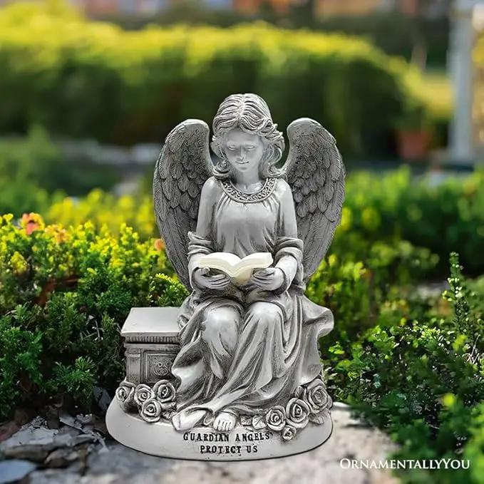 Spring & Summer-Themed Garden Statues – Adorable Outdoor Decor for Lawn, Patio & Porch (Guardian Angel Reading Book Garden Statue, 10" Solar Powered Angelic Outdoor Figurine) by GreenHaven Gardens