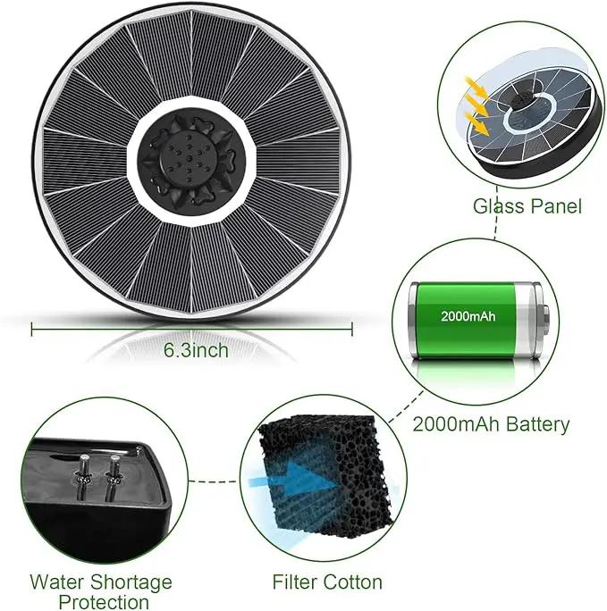 Solar Fountain Pump with 2000 mAh Battery Backup Works in Shade, 3.5 W Glass Solar Powered Water Fountain with 7 Nozzles, Floating Solar Fountain for BirdBath, Garden, Outdoor, Patio-White by GreenHaven Gardens