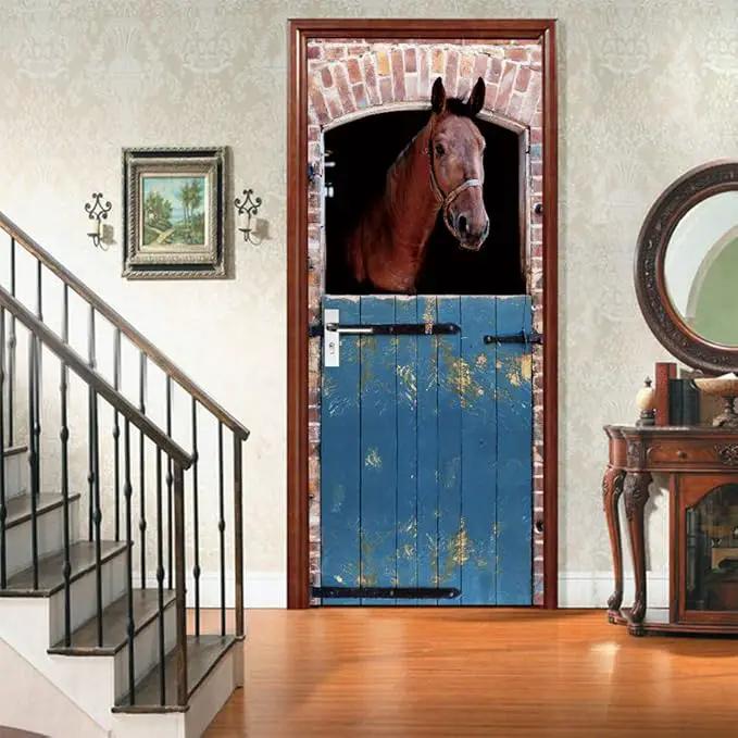 Horse 3D Door Stickers Murals - Peel & Stick - Waterproof & Washable - Matt Finish - Rustic Brown - Animal Pattern - Rectangular - Adults - All Seasons - Door & Wall - 34.6" x 78.7" by GreenHaven Gardens