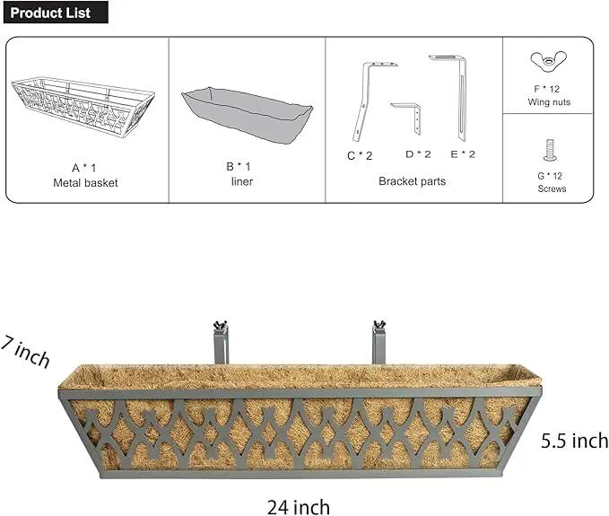 4 Pack 24 Inch Window Boxes Planters Railing Planter Box with Adjustable Brackets for Porch Fence Patio Balcony Hanging Flower Baskets with Coco Liners for Outdoor Garden Decor - Grey by GreenHaven Gardens