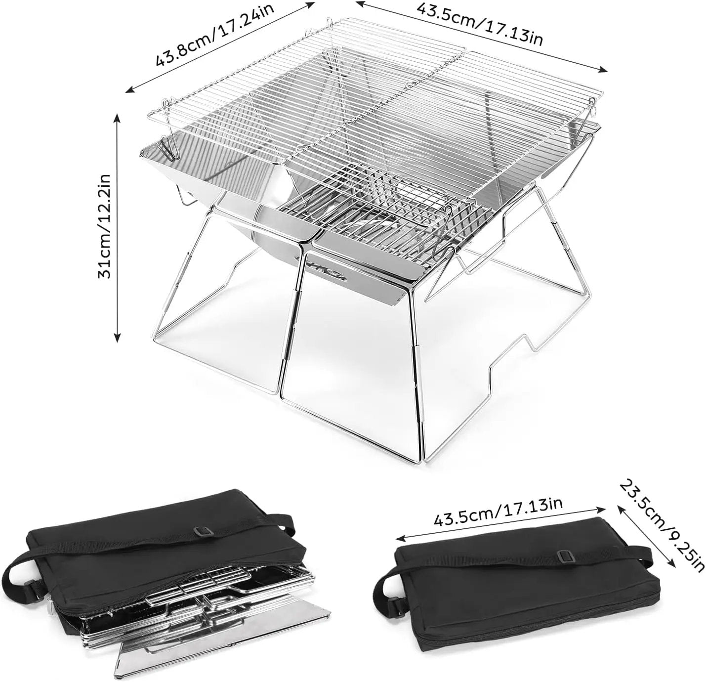 Odoland Folding Campfire Grill, 304 Stainless Steel Grate Barbeque Grill, Portable Camping Grill with Legs for Picnics, Backpacking, Outdoor with Carrying Bag and Kitchen Tongs by GreenHaven Gardens